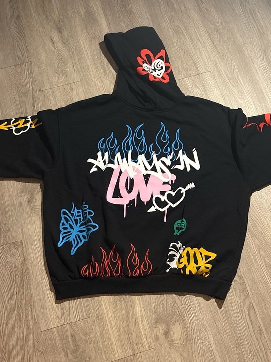 Bershka Tops - Bershka Black Hoodie with Red Accent and Blue Print